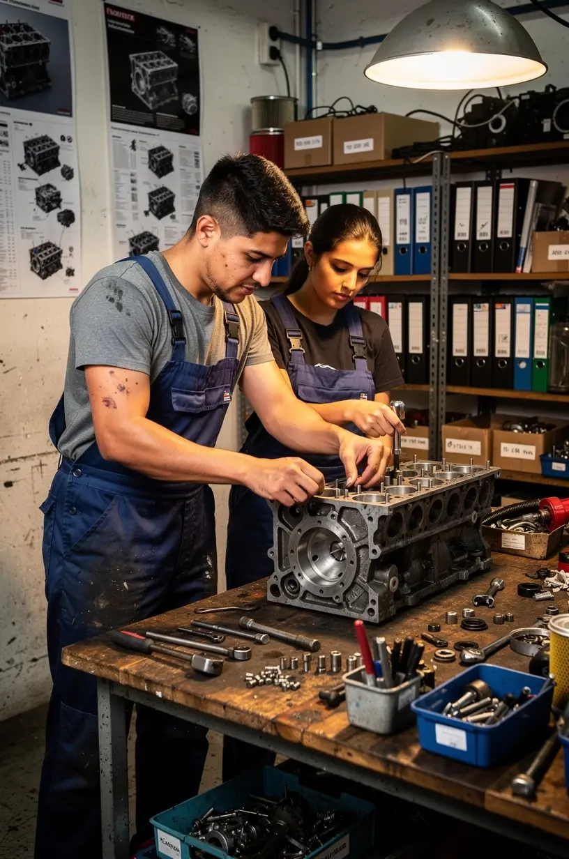 Moderne Schulungswerkstatt mit Fahrzeugen, Werkzeugen und Lehrmaterialien für KFZ-Basisreparaturkurse.