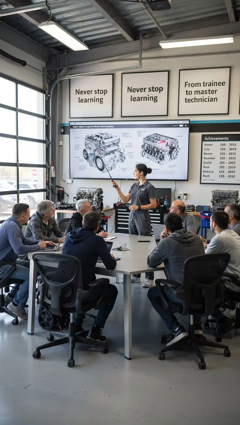 Ausbilder erklärt Teilnehmern den sicheren Umgang mit Werkstattwerkzeugen während eines Reparaturworkshops.